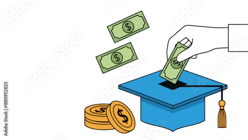 A hand putting money into a blue graduation cap with a tassel