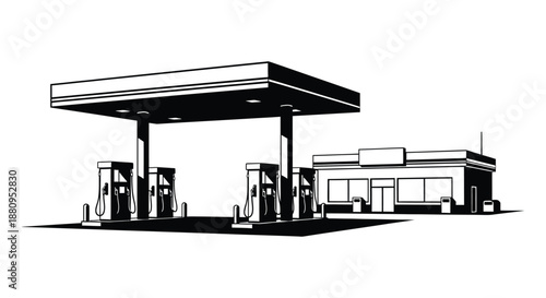 A stark black and white illustration depicts a gas station with pumps and a small convenience store presented as a silhouette