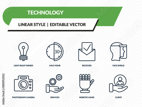 technology icons set - light bulb turned off, half hour, received, robotic hand, client outline vector collection.