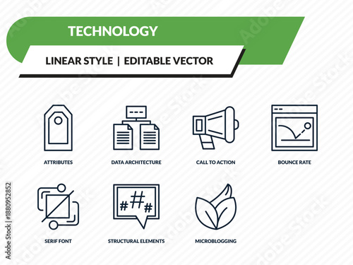 technology icons set - attributes, data architecture, call to action, microblogging, organic outline vector collection.