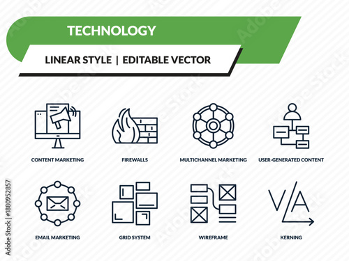 technology icons set - content marketing, firewalls, multichannel marketing, wireframe, kerning outline vector collection.