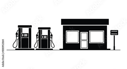 a stark black and white graphic depicts a gas station with pumps and a small convenience store rendered as a silhouette