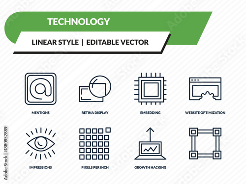 technology icons set - mentions, retina display, embedding, growth hacking, outline vector collection.