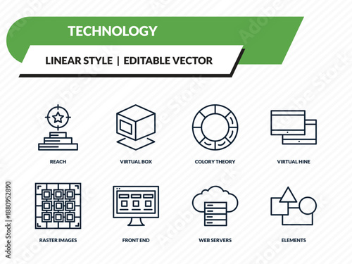 technology icons set - reach, virtual box, colory theory, web servers, elements outline vector collection.