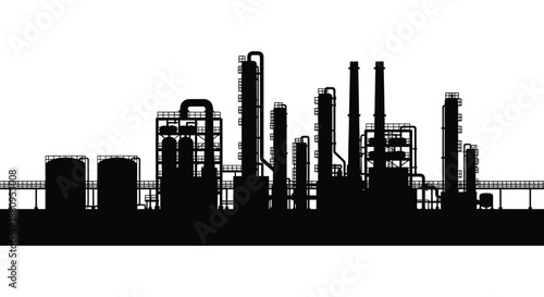 a striking black and white depiction showcases an industrial complex skyline defined by numerous towers and structures presented as a silhouette