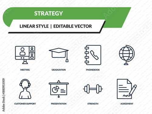 strategy icons set - meeting, graduation, phonebook, strength, agreement outline vector collection.