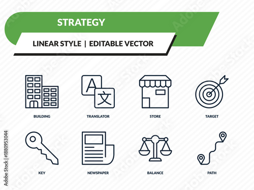 strategy icons set - building, translator, store, balance, path outline vector collection.