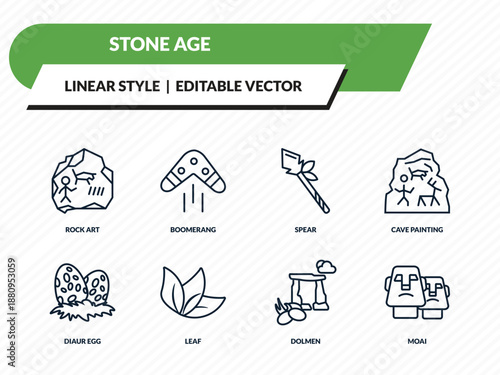 stone age icons set - rock art, boomerang, spear, dolmen, moai outline vector collection.