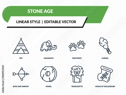 stone age icons set - tipi, mammoth, paw print, troglodyte, venus of willendorf outline vector collection.