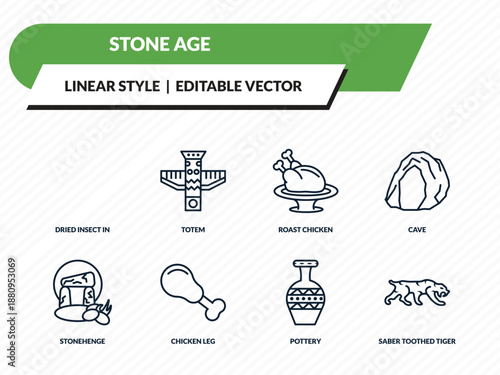 stone age icons set - dried insect in amber, totem, roast chicken, pottery, saber toothed tiger outline vector collection.