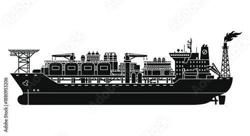 Detailed black silhouette of a large offshore oil and gas platform vessel with smokestacks pipes and intricate structure silhouette high quality