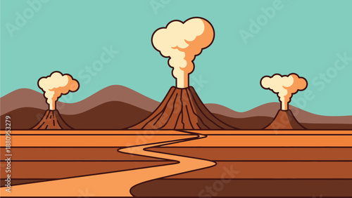 A cartoon illustration of three volcanoes erupting in a desert landscape with mountains