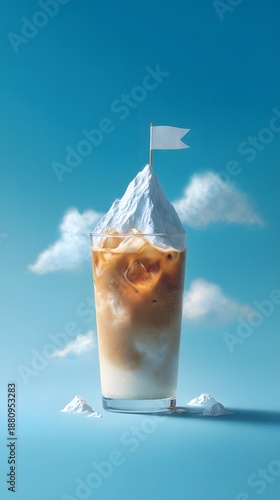 Iced coffee drink with mountain of whipped cream and flag on top