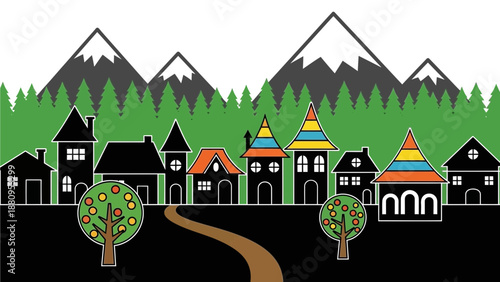 A colorful village nestled in the mountains with a winding road and trees