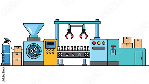 An industrial machine with robotic arms and conveyor belts in a factory setting