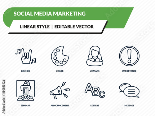 social media marketing icons set - rocker, color, avatars, letters, message outline vector collection.