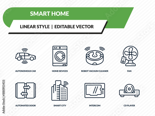smart home icons set - autonomous car, home devices, robot vacuum cleaner, intercom, cd player outline vector collection.