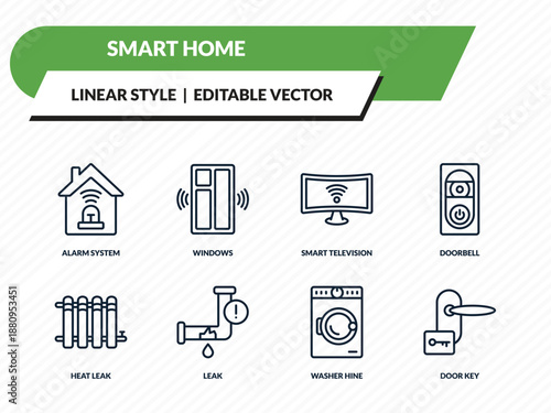 smart home icons set - alarm system, windows, smart television, washer hine, door key outline vector collection.