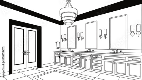 A modern bathroom interior with a double vanity and sleek design elements