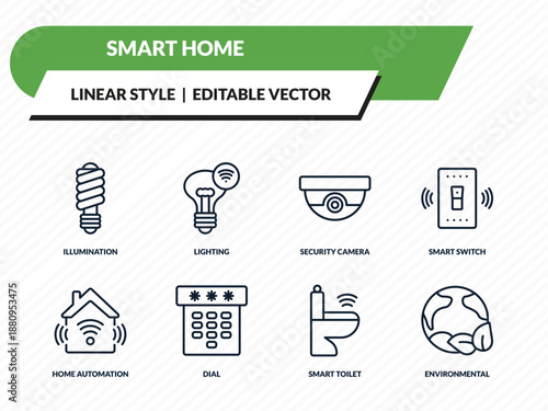 smart home icons set - illumination, lighting, security camera, smart toilet, environmental outline vector collection.