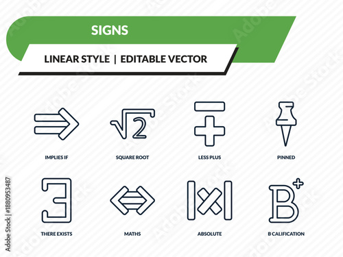 signs icons set - implies if, square root, less plus, absolute, b calification outline vector collection.