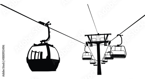 Two black cable car silhouettes suspended from overhead wires against a stark white backdrop illustrating a winter transportation scene silhouette