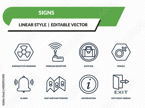 signs icons set - radioactive warning, wireless receptor, suitcase, information, exit right arrow outline vector collection.