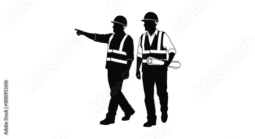 Two construction workers in high visibility vests are shown discussing a project with one pointing forward a striking silhouette high quality