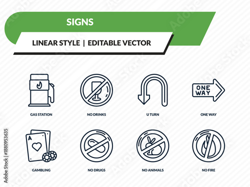 signs icons set - gas station, no drinks, u turn, no animals, no fire outline vector collection.