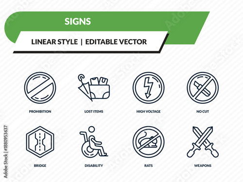 signs icons set - prohibition, lost items, high voltage, rats, weapons outline vector collection.