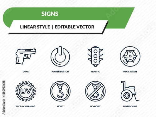 signs icons set - guns, power button, traffic, no hoist, wheelchair outline vector collection.