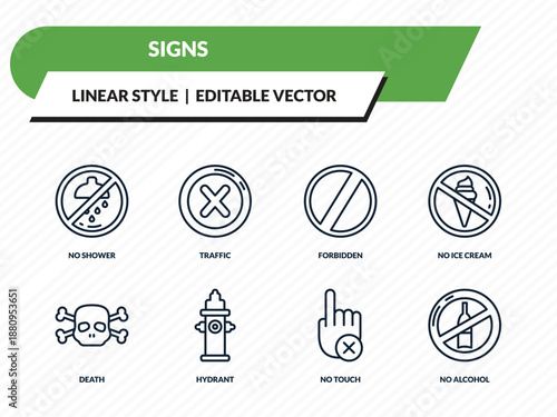 signs icons set - no shower, traffic, forbidden, no touch, no alcohol outline vector collection.