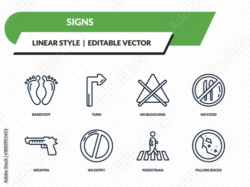 signs icons set - barefoot, turn, no bleaching, pedestrian, falling rocks outline vector collection.