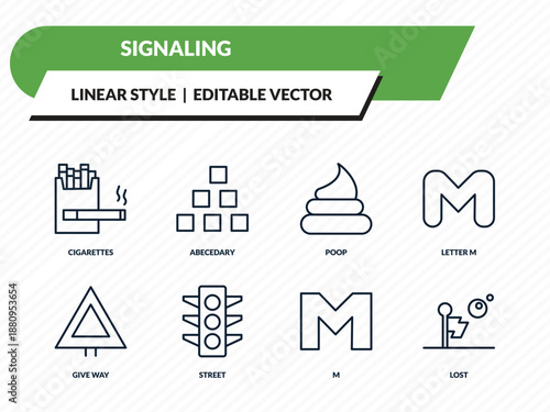 signaling icons set - cigarettes, abecedary, poop, m, lost outline vector collection.