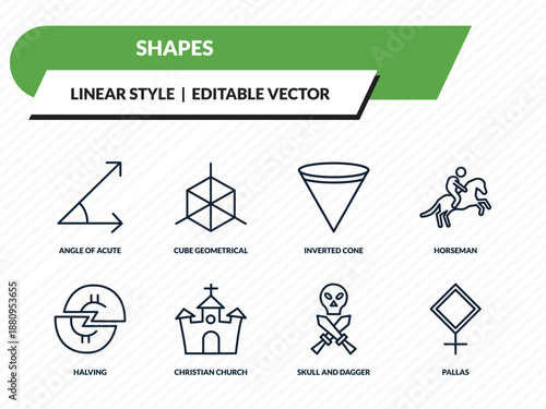 shapes icons set - angle of acute, cube geometrical, inverted cone, skull and dagger, pallas outline vector collection.