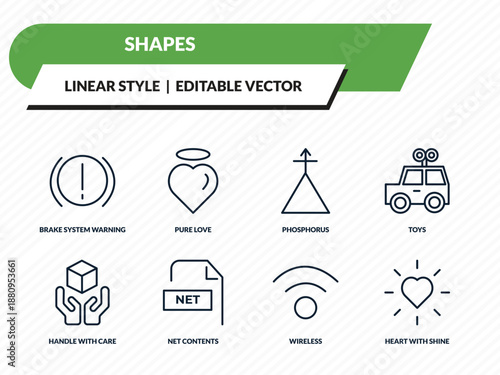 shapes icons set - brake system warning, pure love, phosphorus, wireless, heart with shine outline vector collection.