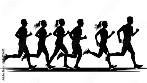Group of Runners in Motion Silhouette Illustration.