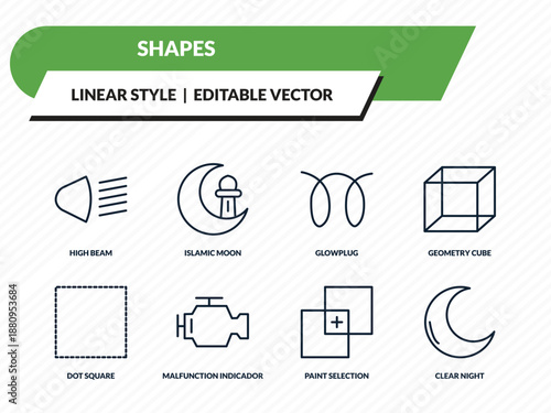 shapes icons set - high beam, islamic moon, glowplug, paint selection, clear night outline vector collection.
