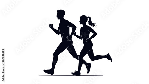 Silhouette of a man and woman running together in athletic attire.