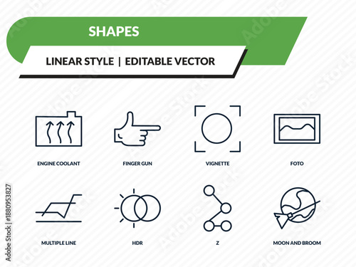 shapes icons set - engine coolant, finger gun, vignette, z, moon and broom outline vector collection.