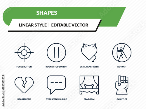 shapes icons set - focus button, round stop button, devil heart with wings, spa room, gauntlet outline vector collection.
