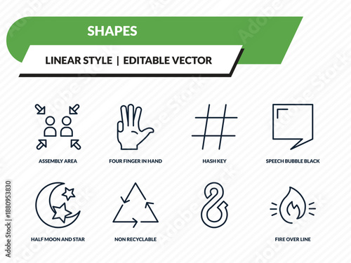 shapes icons set - assembly area, four finger in hand, hash key, , fire over line outline vector collection.