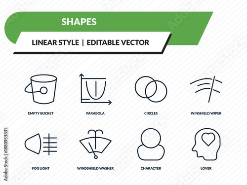 shapes icons set - empty bucket, parabola, circles, character, lover outline vector collection.