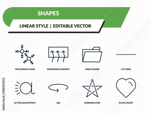 shapes icons set - two snow flakes, windshield defrost, open folder, morning star, black heart outline vector collection.
