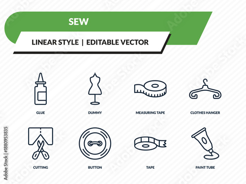 sew icons set - glue, dummy, measuring tape, tape, paint tube outline vector collection.