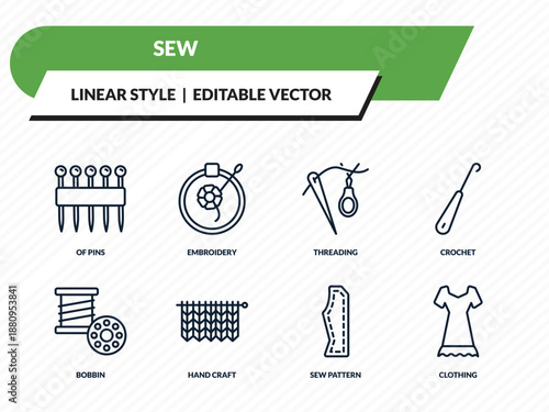 sew icons set - of pins, embroidery, threading, sew pattern, clothing outline vector collection.