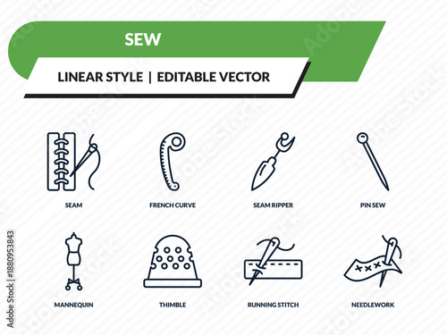 sew icons set - seam, french curve, seam ripper, running stitch, needlework outline vector collection.