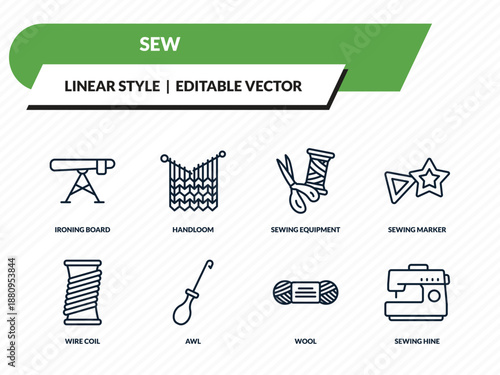 sew icons set - ironing board, handloom, sewing equipment, wool, sewing hine outline vector collection.