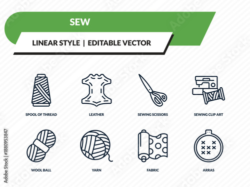 sew icons set - spool of thread, leather, sewing scissors, fabric, arras outline vector collection.