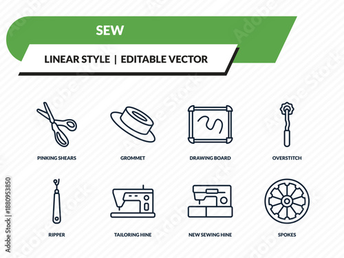 sew icons set - pinking shears, grommet, drawing board, new sewing hine, spokes outline vector collection.